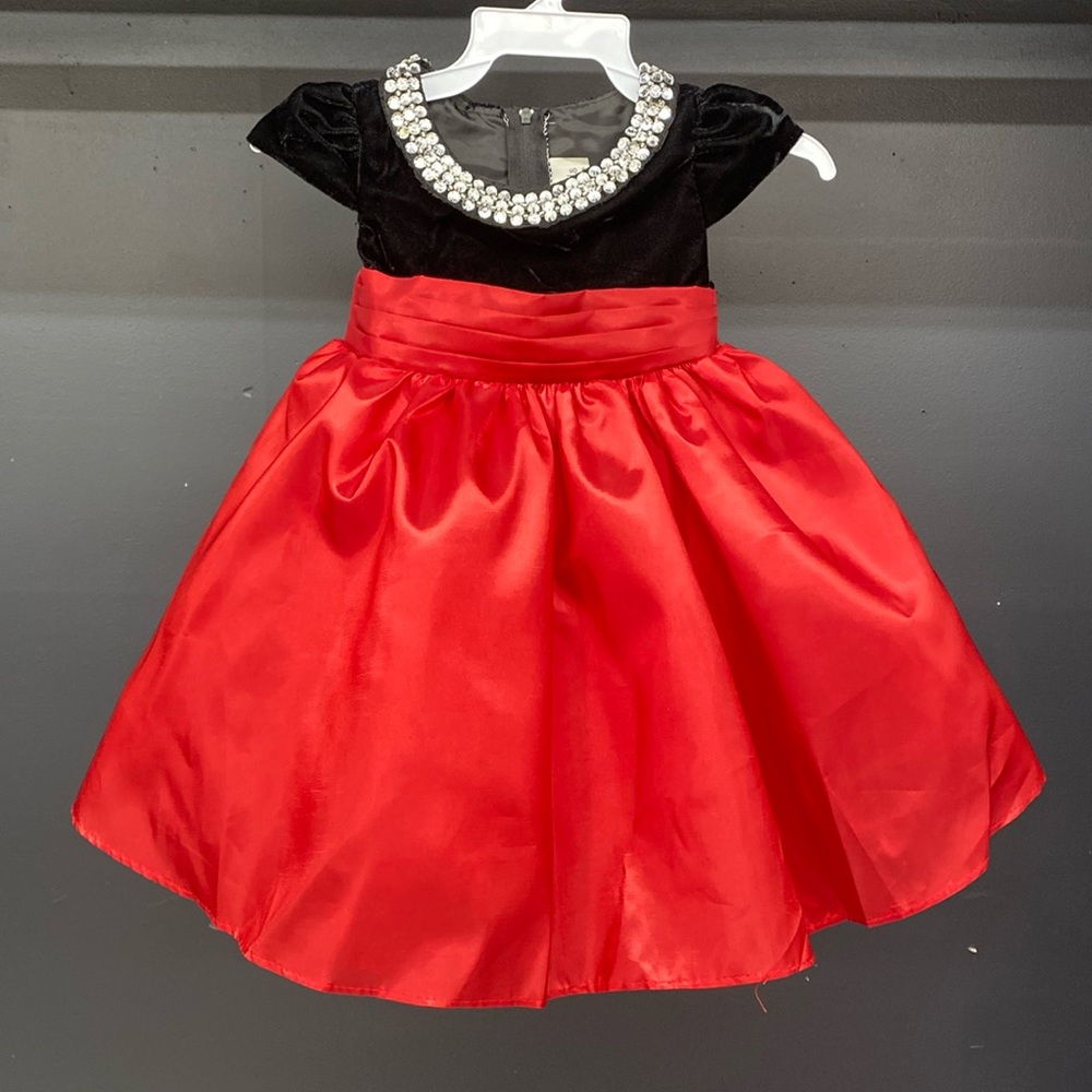 Black Velvet and Red Satin Rhinestoned Collar Dress